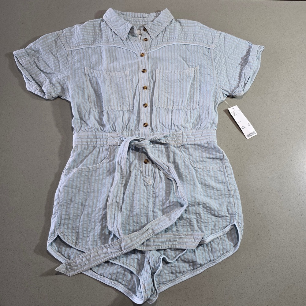 BDG Urban Outfitters Striped Button Down Tie Waist Romper Light Blue Large NWT